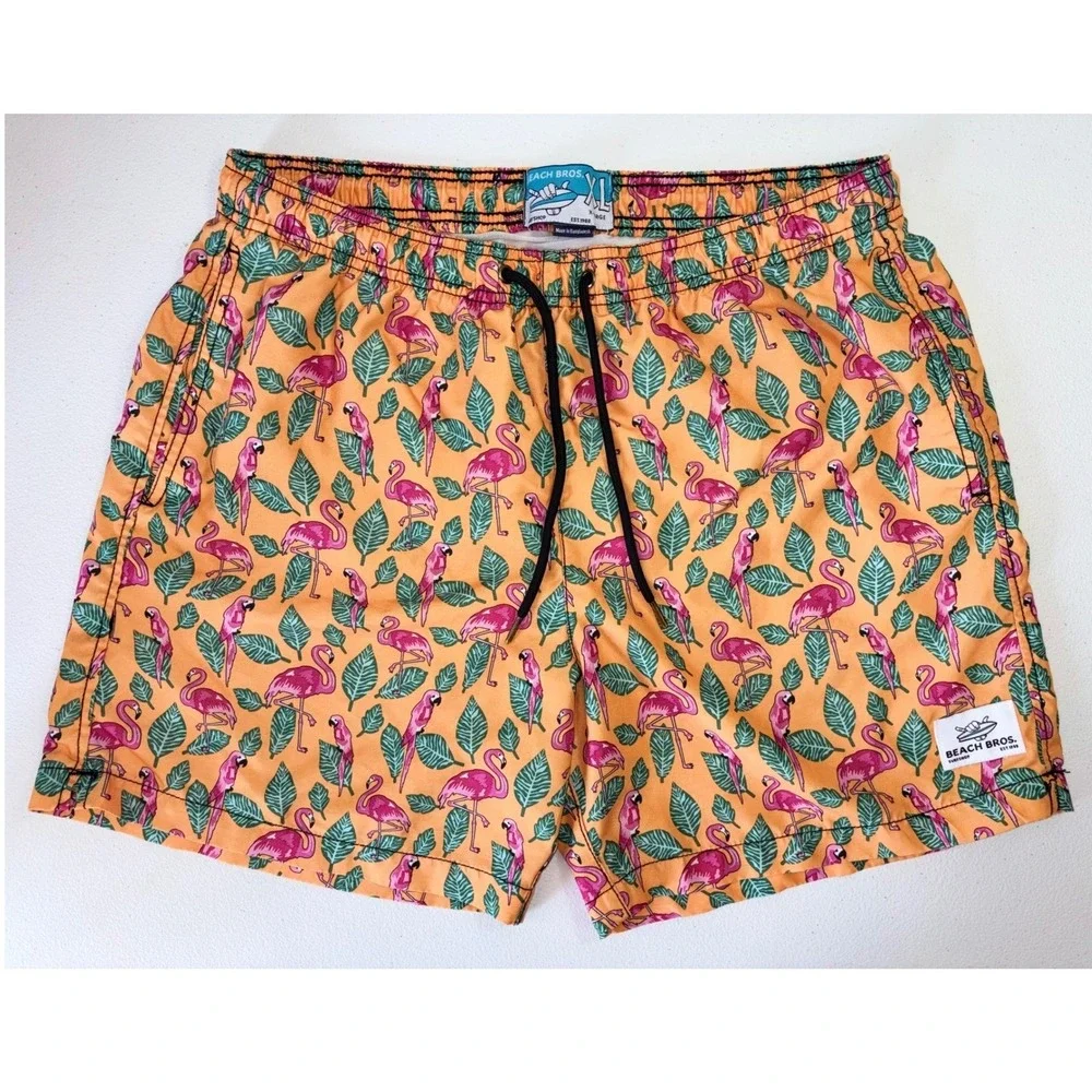 BEACH BROS Mens Swim Trunks Board Shorts Orange‎ Pink Flamingo XL Bright 6 inch